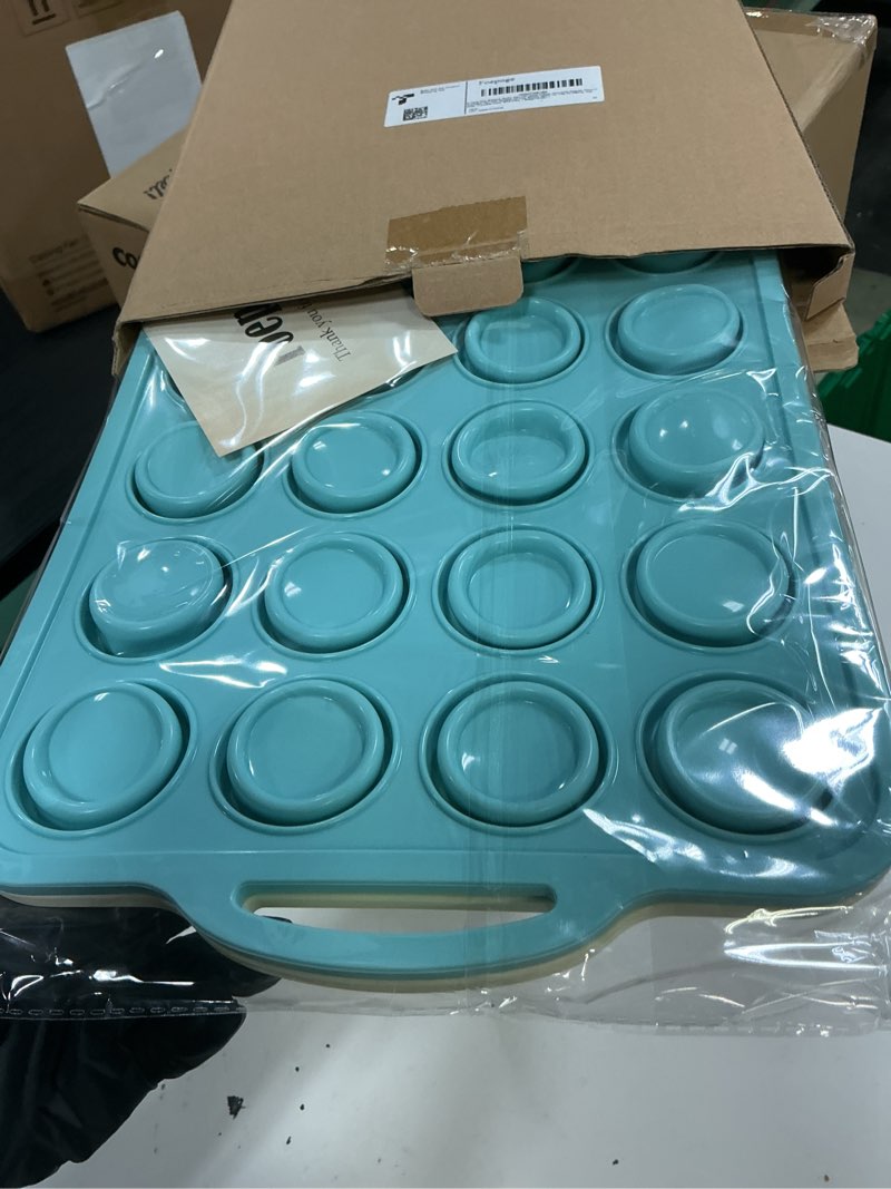 Condition photo showing New/Like New for silicone mini muffin pan with frame: nonstick 24 muffin tins for easy release baking egg bites & small cups english mcmuffin - 2-pack bpa free cupcake pan oven safe molds for family and home bakers mint green & beige 24 cups-2 pcs