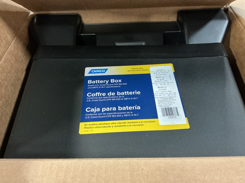 Condition photo showing Good Condition for camco large battery box with straps and hardware - group 27, 30, 31 |safely stores rv, automotive, and marine batteries | measures inside 7-1/4" x 13-1/4" x 8-5/8" | (55373), black frustration free packaging large battery box