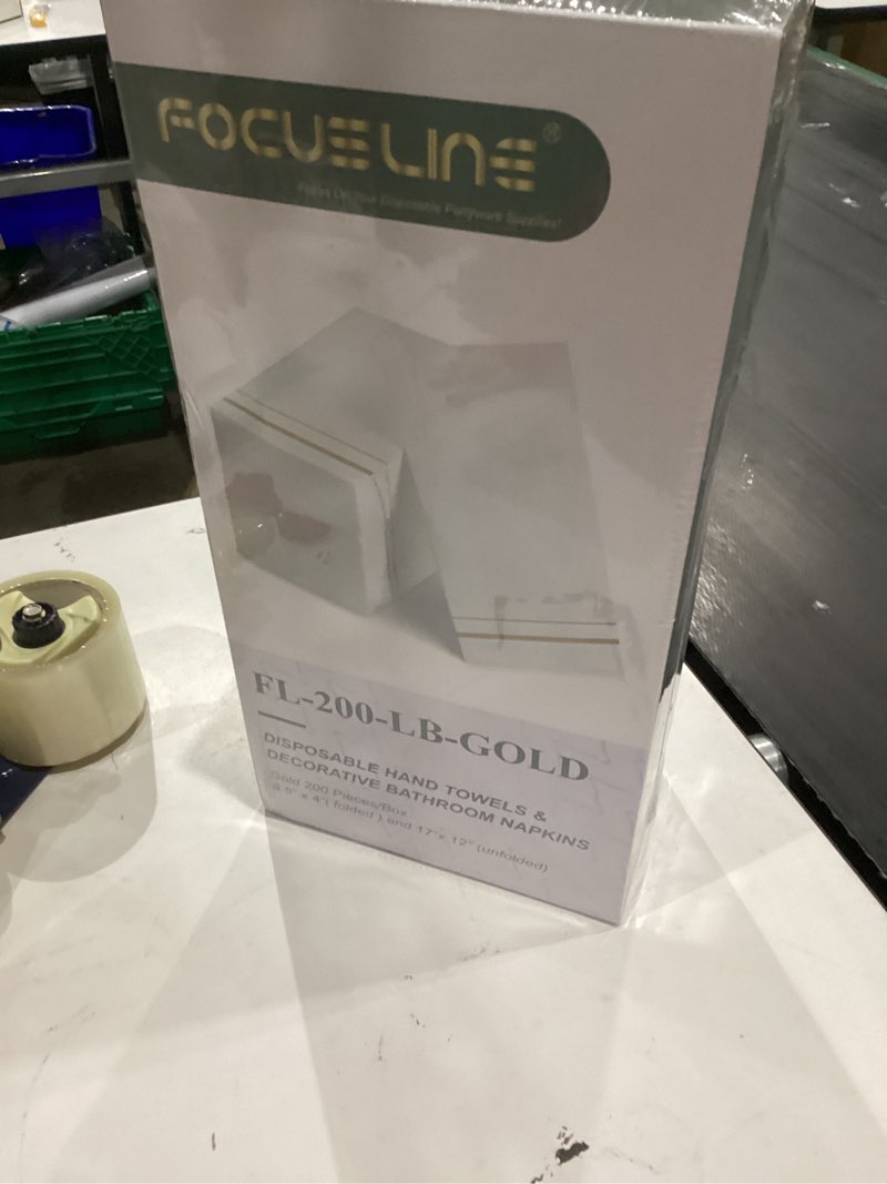 Condition photo showing New/Like New for FOCUSLINE 200 Linen Feel Disposable Bathroom Napkins, Soft and Absorbent Paper Guest Towels, Cloth-Like Hand Towels Decorative Paper Napkins for Parties, Weddings, Dinners or Events, Gold, 12" x 17" Gold Rimmed Napkins