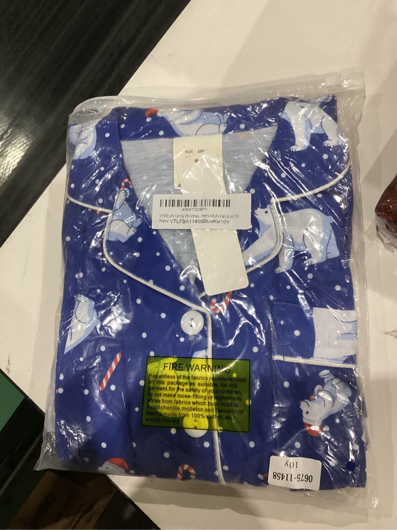 Condition photo showing New/Like New for VENTELAN Family Christmas Satin Pajamas Matching Set Silk Long Sleeve Button Down Pjs Sets Holiday Sleepwear for Couples Kids Kids 10 Years Blue