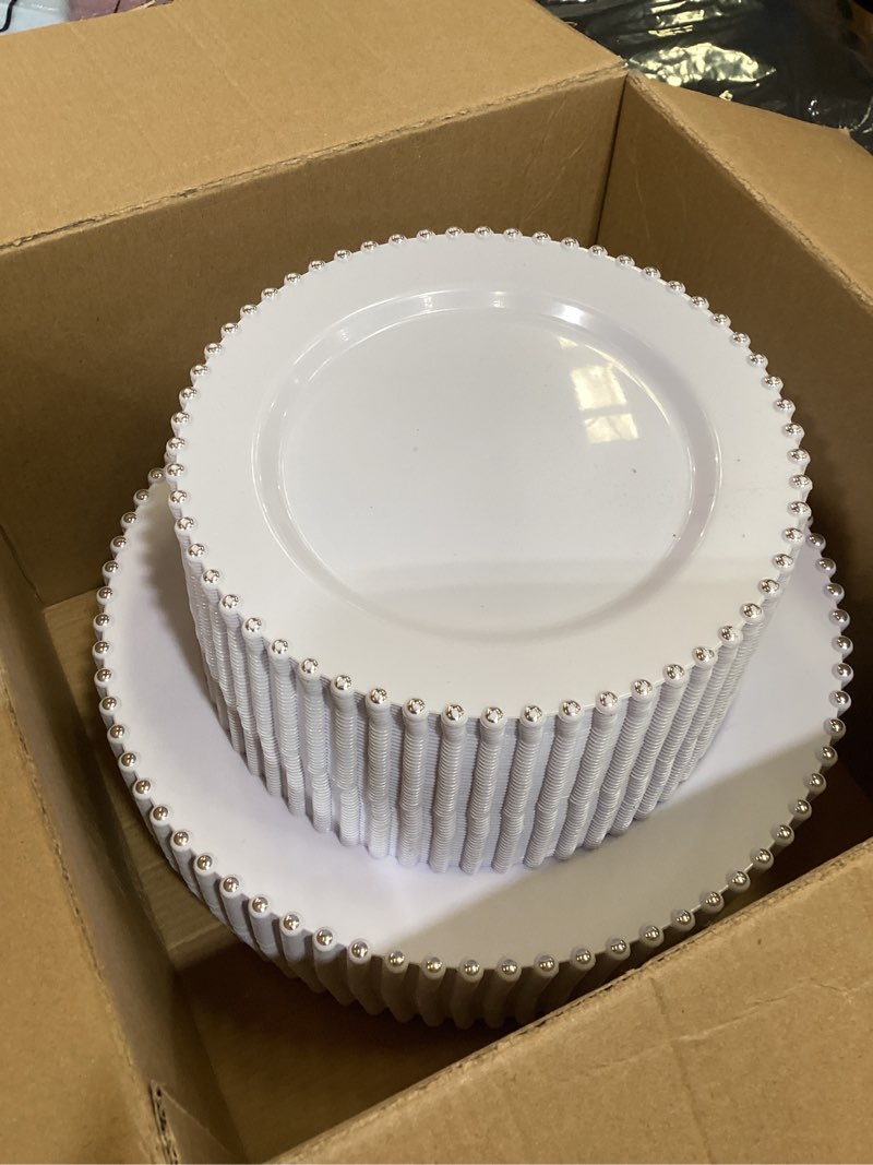Condition photo showing Good Condition for silver plastic plates - heavy duty elegant white disposable plates with silver beads set include plastic dinner plate and dessert plate perfect for wedding, birthday & party  silver and white plastic plates