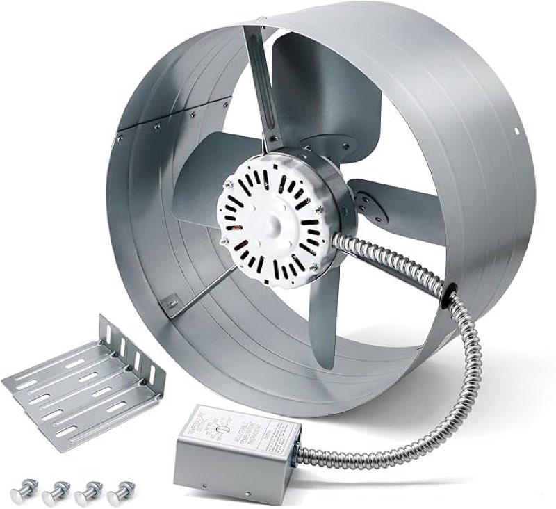 gable mount power attic fan with adjustable thermostat, 15 inch attic exhaust fan, 1600 cfm, 1050 rpm, 4 amp