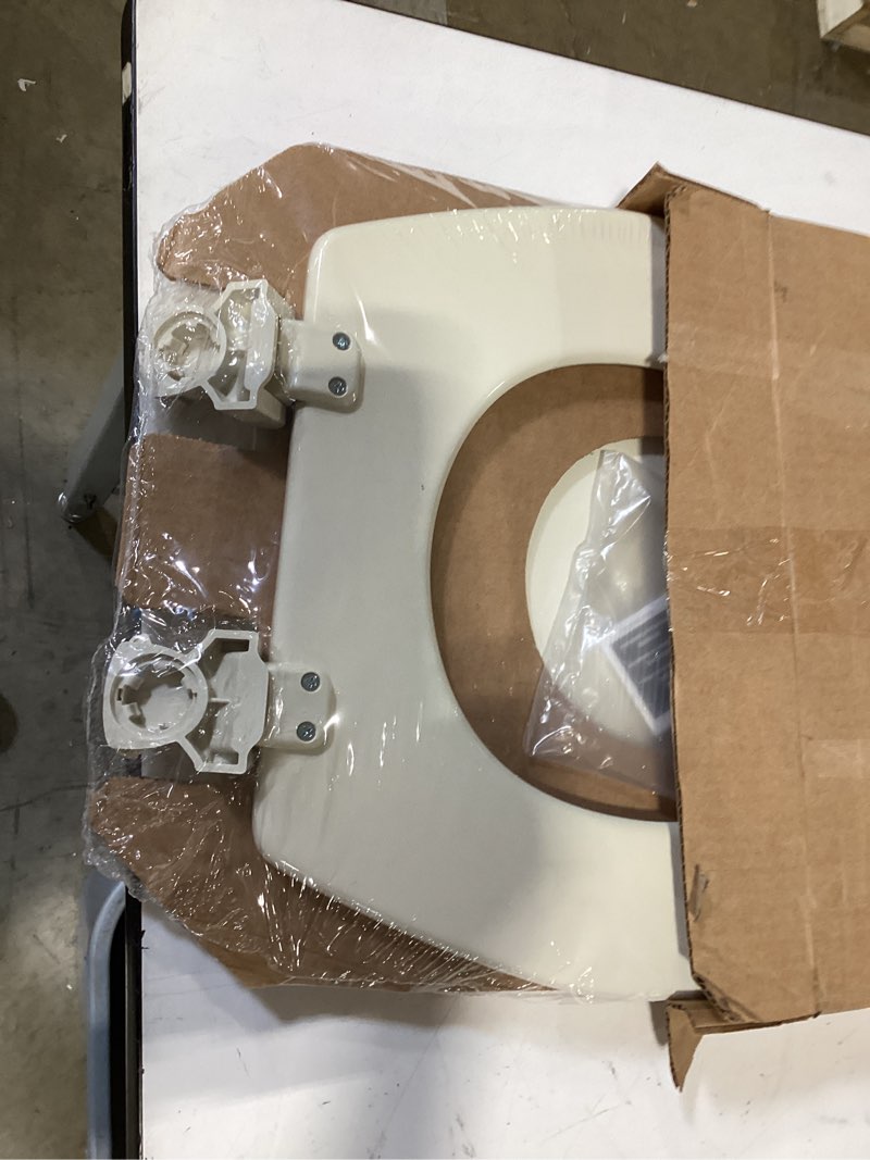 Condition photo showing As Is for highcraft premium elongated toilet seat with adjustable hinges & quick removal mechanism - molded wood toilet seat - fits standard elongated toilets - oval seat in white elongated white