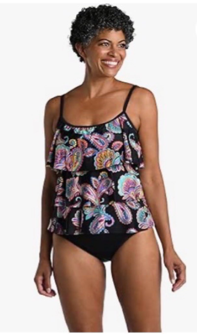 Maxine of Hollywood Women's Standard 3-Tiered Ruffle Tankini Swimsuit Top, Black//Paisley Parade, 22W