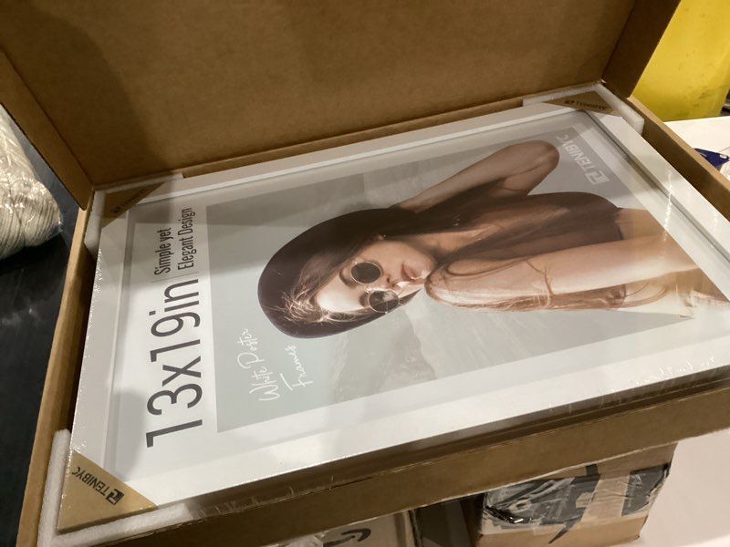 Condition photo showing New/Like New for 13x19 Picture Frame 3 pk, Textured White Solid Wood Poster Frame, HD Tempered Glass, Wall Gallery Frame White 13 x 19