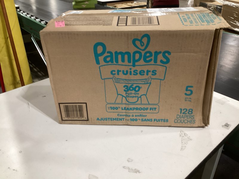 Condition photo showing New/Like New for Pampers Diapers - Cruisers 360 - Size 5, 128 Count, Babyproof up to 100% Leakproof Pull-On Diaper Size 5 128