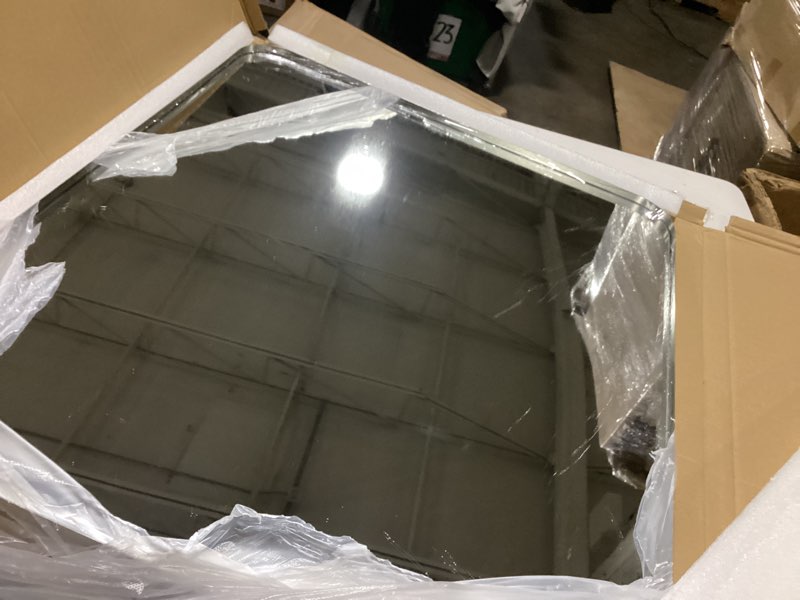 Condition photo showing Good Condition for (protective plastic on mirror )24x28 inch brushed nickel bathroom mirror for wall, brushed silver metal framed mirror, rounded rectangle silver bathroom mirrors, tempered glass brushed nickel 28\"l x 24\"w