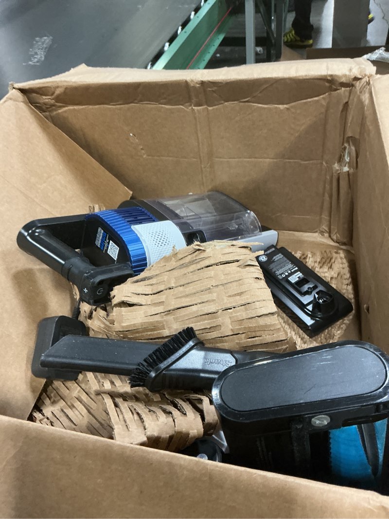 Condition photo showing As Is for shark uz565h pro cordless vacuum w/ clean sense iq & multiflex technology, powerfins plus brushroll, duster crevice tool & anti-allergen dusting brush, up to 40 minute runtime, white/blue (renewed)