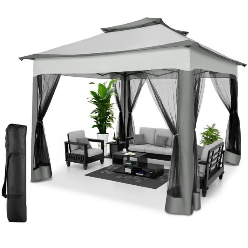 pop up gazebo, outdoor instant canopy tent w/4 netting sidewall & auto extending eave, patio gazebos shelter w/mesh wall, center lock, wheeled bag for garden, yard, party, deck