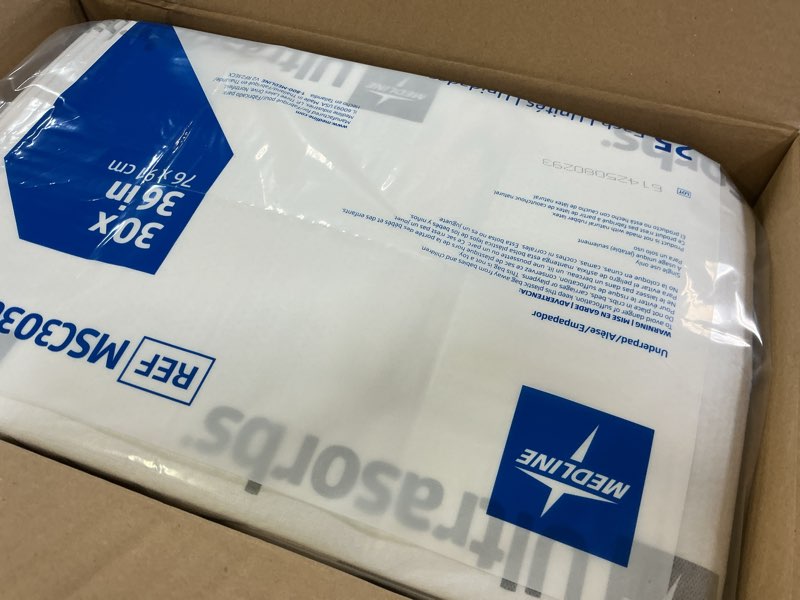 Condition photo showing New/Like New for medline ultrasorbs drypads, 30" x 36", 25 count, super absorbent disposable bed pads, large incontinence bed pads, chucks protective underpads, 10 times more absorbent, for adults, elderly