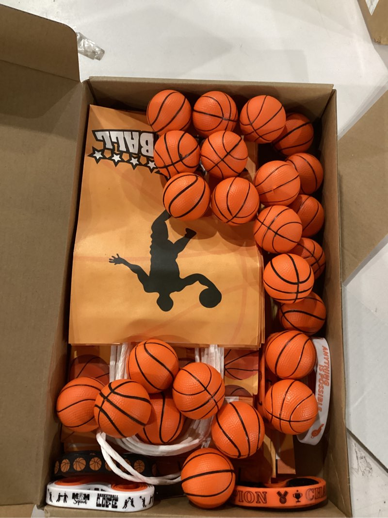 Condition photo showing New/Like New for ShinyRelief 72 Pcs Basketball Party Favors Set Includes 24 Paper Gift Bags 24 Silicone Wristbands 24 Sports Stress Balls Goodie Bag Fillers Gifts for Sports Themed Birthday Party Supplies