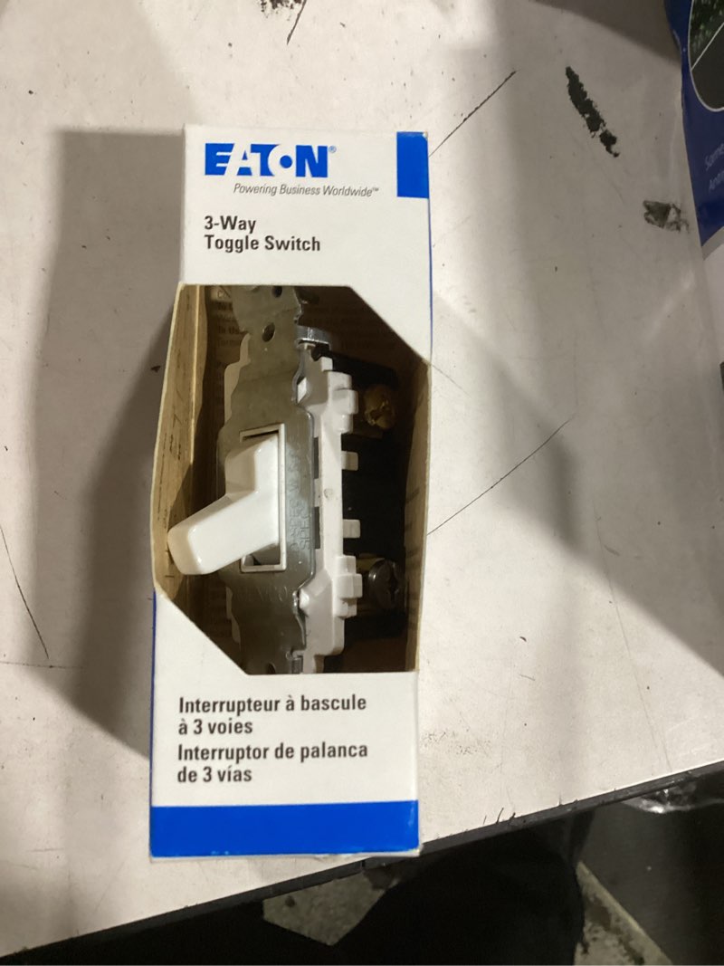 Condition photo showing As Is for eaton 20-amp 3-way toggle light switch, white