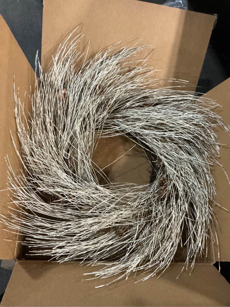 Condition photo showing As Is for Winter Birch Pinecone Wreath - 26 Inch Winter Front Door Wreath with Pinecone Needle for Front Door or Indoor Home Wall Window Christmas Decor Grayish Green