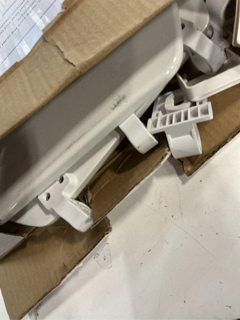Condition photo showing As Is for mayfair linden slow close toilet seat, non slip heavy duty wood, easy install, round, white round traditional hinge