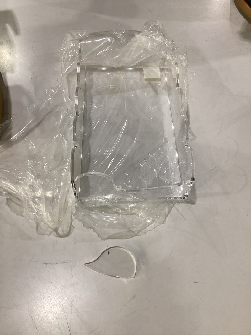 Condition photo showing As Is for clear acrylic napkin holder, scalloped napkin holder for table, paper hand towels storage tray for bathroom, kitchen, parties, weddings, and various events(9x5.1x2.4 inch), broken piece