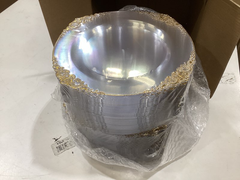 Condition photo showing New/Like New for morejoy 100pcs gold plastic plates - clear gold disposable plates - 7.5 inch clear and gold dessert plates, clear plastic plates with gold rim for weddings & parties & mother's day clear and gold modern