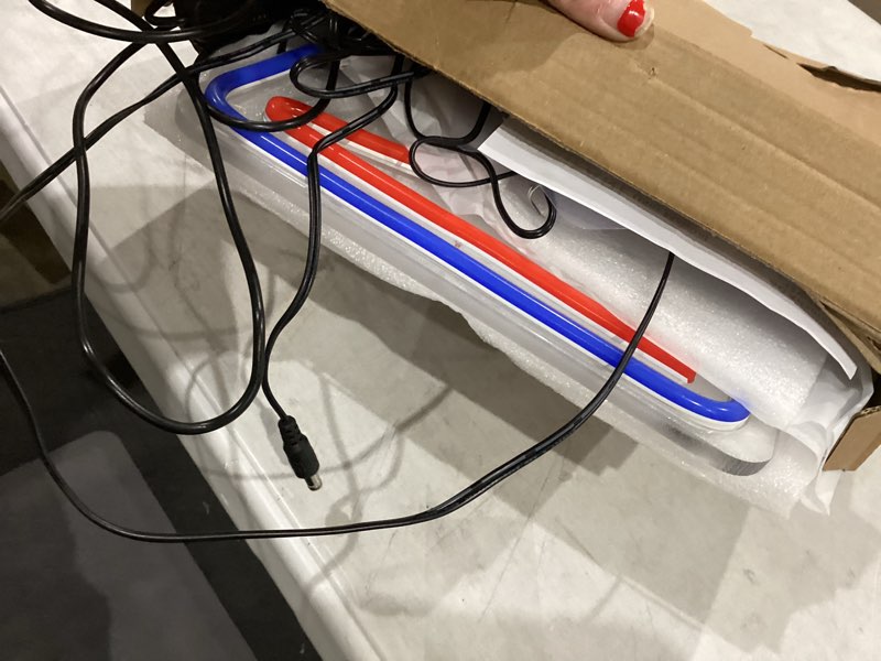 Condition photo showing As Is for 16.5" X 9" Led Neon Open Signs for Business - 12V/2A Ultra Bright Led Neon Sign with ON/OFF Switch - Plug In Electric Light Up Sign for Bar, Salon, Coffee Stores, Club, Hotel (Horizontal) Blue/Red-Horizontal 16.5x9 inch with AC Adapter