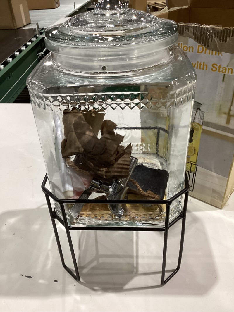 Condition photo showing As Is for Drink Dispenser, Drink Dispensers for Parties, Christmas, 1 Gallon Glass Beverage Dispenser with Stand and Glass Lid, 100% Leakproof Spigot, Ideal for Lemonade, Juice, Iced Tea, Laundry Detergent