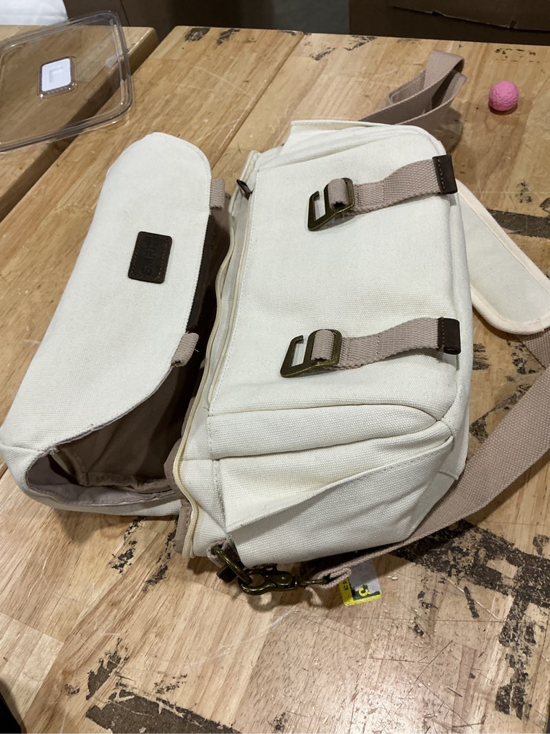 Condition photo showing As Is for smriti canvas camera bag small- dslr/slr waterproof camera bag for canon/sony/nikon/fuji, cute camera sling bag with rain cover, travel crossbody camera case bag for women men photographer (white)
