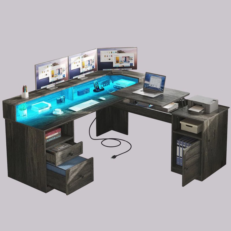 (Incomplete only 1 box) Wade Logan 59'' L-Shaped Adjustable Lift Top Desk with LED Lights & Power Outlets
