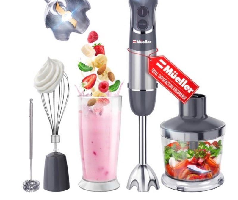 Mueller Multistick 5-in-1 Immersion Blender Handheld, 12 Speed Hand Mixer - Turbo Boost, Heaviest Duty Copper Motor, Titanium Blades Hand Blender, Milk Frother Wand, Whisk, Beaker, Chopper, Grey
