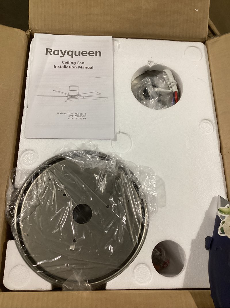 Condition photo showing Good Condition for Rayqueen 42 Inch Ceiling Fans with Lights and Remote,Flush Mount Brushed Nickel Ceiling Fan,6 Speed Reversible DC Motor,3CCT Dimmable LED-Low Profile Design for Bedroom, Living room & Covered Outdoor Nickel 42Inch