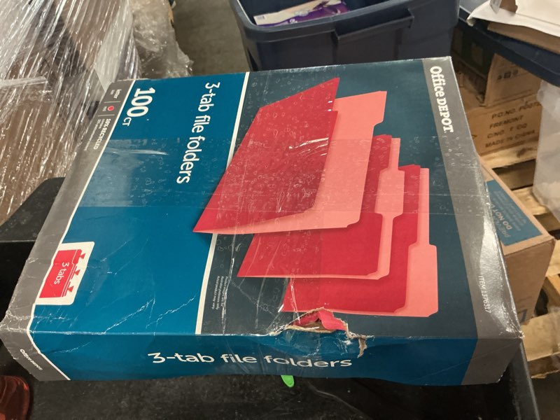 Condition photo showing New/Like New for office depot brand 2-tone file folders, 1/3 cut, letter size, red, box of 100
