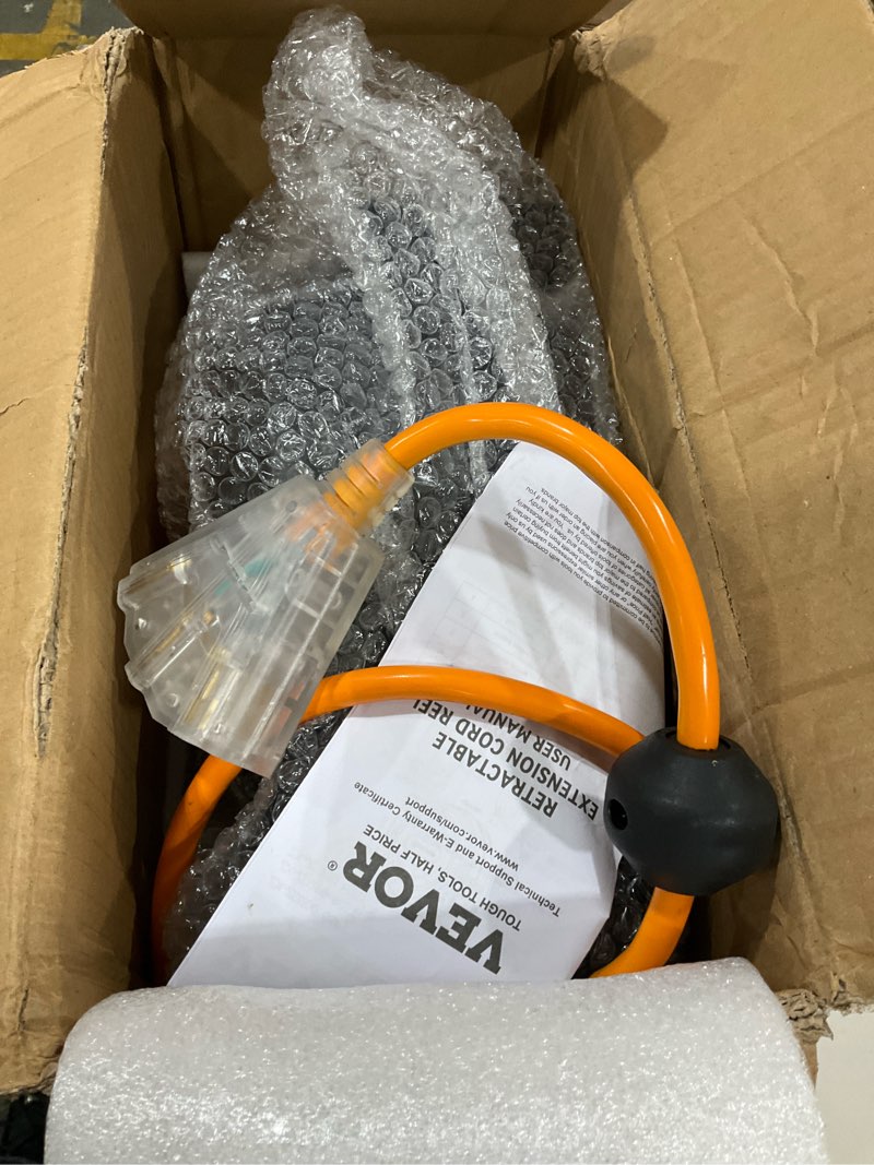 Condition photo showing New/Like New for vevor retractable extension cord reel, 80 ft, heavy duty 12awg/3c sjtow retractable power cord with lighted triple tap outlet, 15 amp circuit breaker 180° swivel bracket for ceiling or wall mount 80 ft 12awg orange