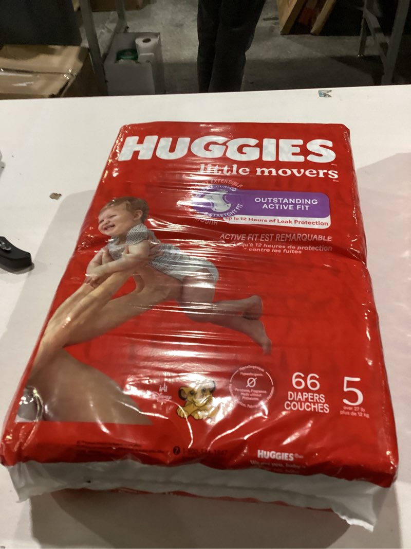 Condition photo showing New/Like New for Huggies Size 5 Diapers, Little Movers Baby Diapers, Size 5 (27+ lbs), 66 Count, Packaging May Vary Size 5 66