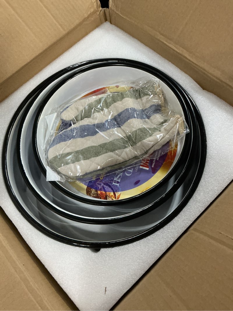 Condition photo showing Good Condition for 3-Pack Enamel Roasting & Baking Pan Set 10/12/14 Inch Round Cake Pans for Turkey Pizza Casseroles Desserts Oven& Dishwasher High Temperature Resistance Baking Dishes for Mom Wife Valentine's Day