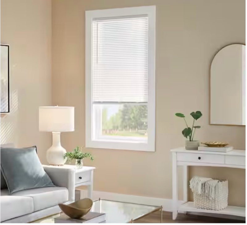 pre-cut 35 in. w x 64 in. l cordless light filtering white vinyl mini blind with 1 in. slats