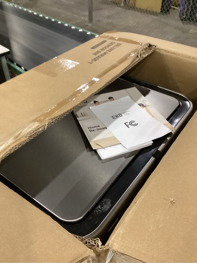 Condition photo showing New/Like New for EKO Deluxe Mirage-T 50 Liter / 13.2 Gallon Touchless Rectangular Motion Sensor Trash Can, Matte Stainless Steel Finish Deluxe 50 Liter