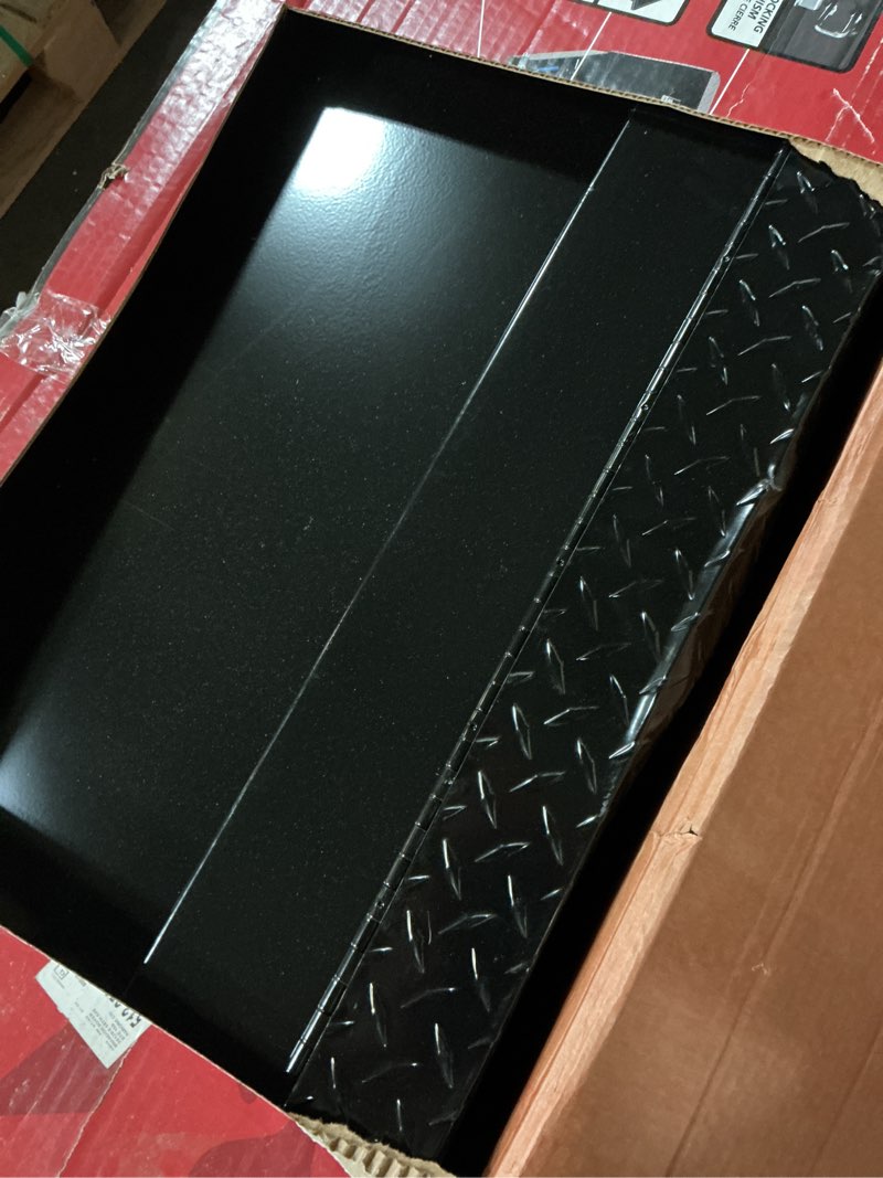 Condition photo showing As Is for 71.36 matte black aluminum full size crossbed truck tool box