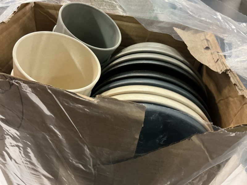 Condition photo showing Good Condition for homienly kitchen wheat straw dinnerware set 40 pcs - dinner plates, cereal bowls, wheat straw cups set, microwave and dishwasher safe dishes set, unbreakable dish set for party, outdoor(grey stone) 40 pcs grey stone