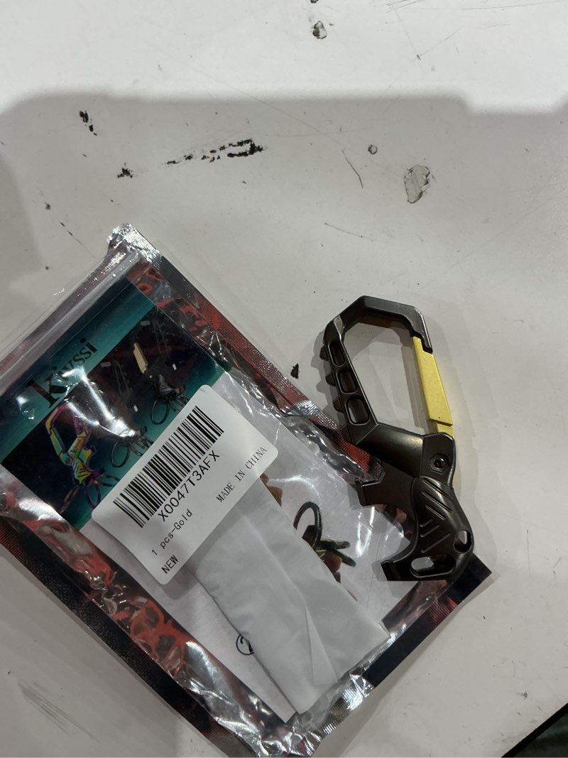 Condition photo showing As Is for kivssi heavy duty metal keychains, carabiner clip car key chains,fashion family keychain bottle opener and 3 key rings suitable for men and women.?gold-1pcs?