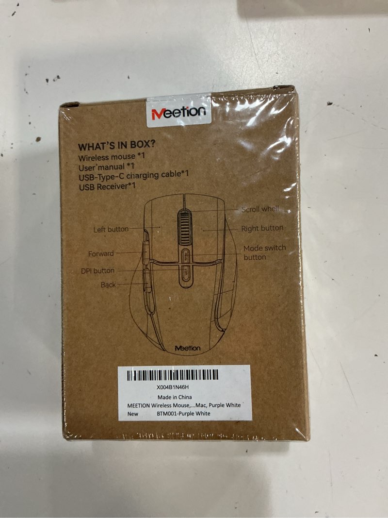 Condition photo showing New/Like New for meetion wireless mouse for laptop, usb and bluetooth connectivity, 4 adjustable dpi, rechargeable, ergonomic mouse for laptops, ipad, compatible with windows, macos, android, ios, purple white purple white bt&usb