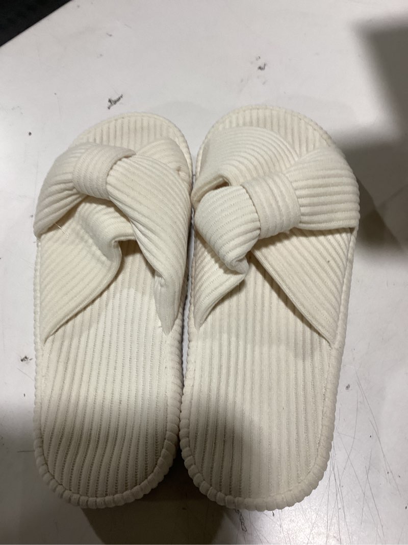 Condition photo showing Good Condition for Women’s Corduroy Slippers, Open Toe Crossband House Shoes, Cozy Cushioned Foam Indoor Outdoor Non-Slip Bedroom Slippers, Gift for Women 9-10 Beige