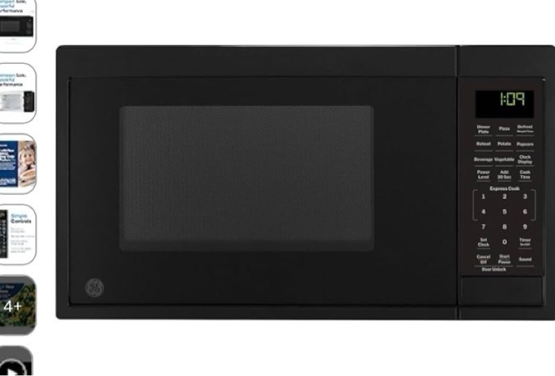 ge countertop microwave oven, compact 0.9 cubic ft., 900-watt capacity, 7 auto cooking settings, child-lock technology, kitchen essentials for the countertop, dorm room or apartment, black 0.9 cu.ft. black