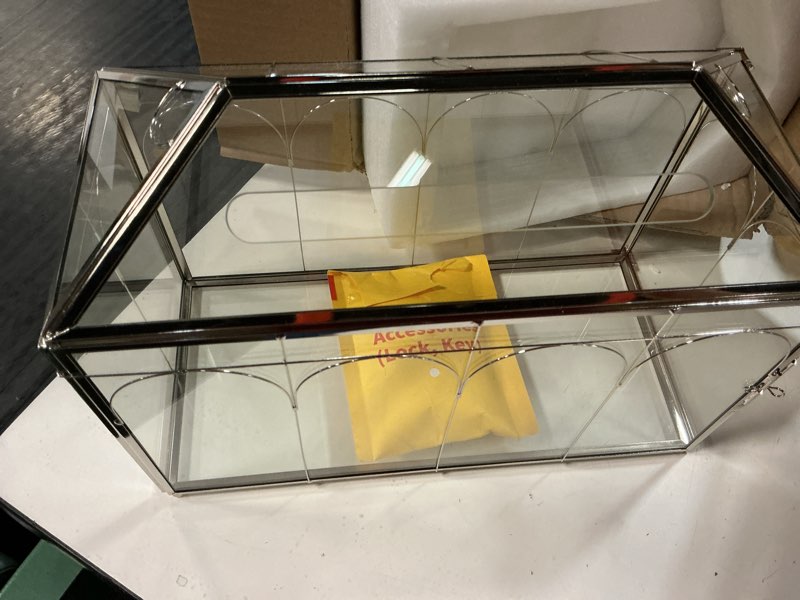 Condition photo showing Good Condition for ncyp glass cards box with slot & lock for wedding - 12.6" x 5.9" x 9" vintage geometric, wishwell, party, home reception, tabletop decor, silver (glass box only)