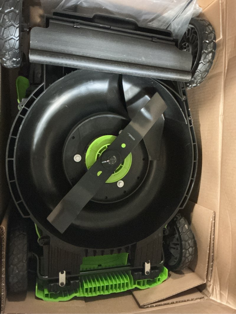 Condition photo showing As Is for greenworks 40v 16" (push) cordless lawn mower, 4.0ah battery (1/3 acre, push button start, compatible with 75+ tools)