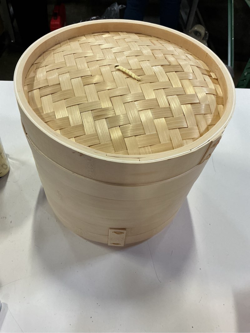 Condition photo showing Good Condition for 10 inch 3 tier bamboo steamer basket with 50 parchment papers, for kitchen, dumplings, buns, dim sum