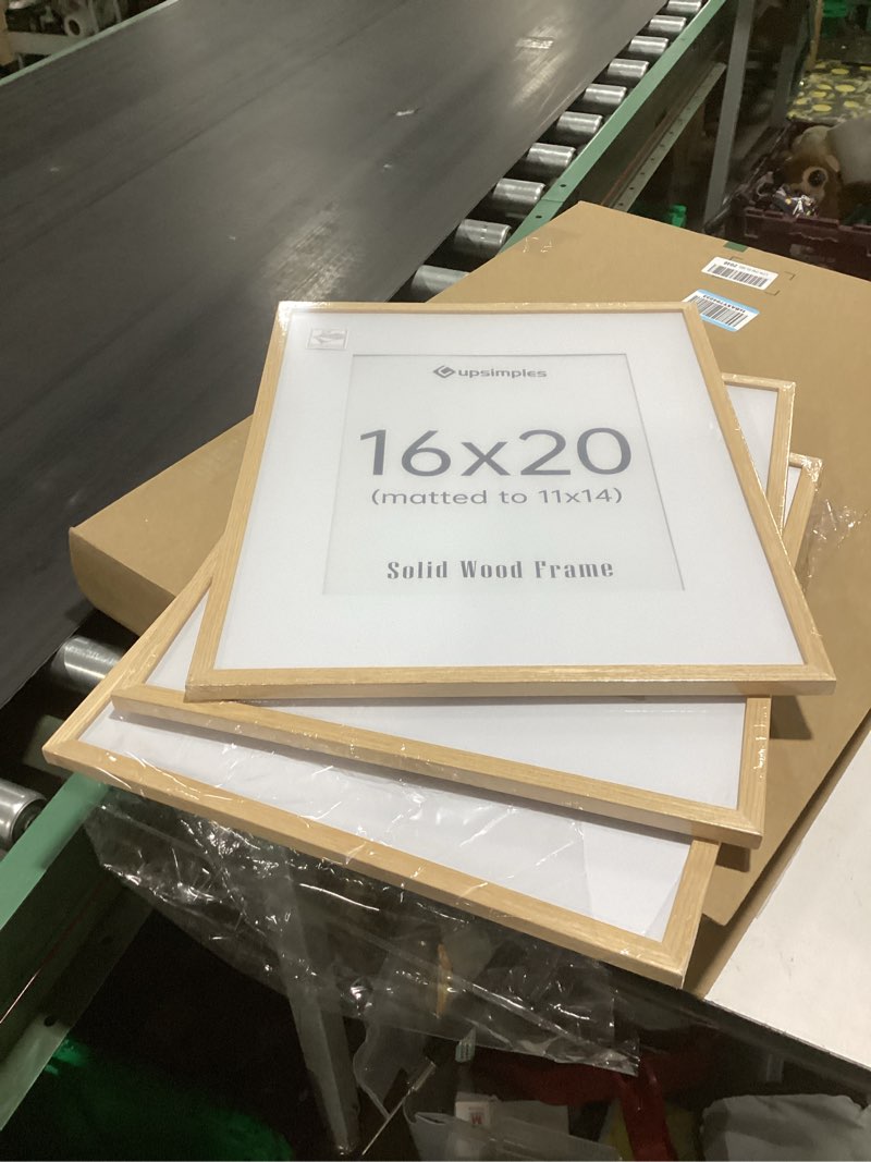 Condition photo showing New/Like New for upsimples 16x20 frames set of 3, natural solid wooden picture frames, display 11x14 with mat or 16 x 20 without for vertical or horizontal wall hanging
