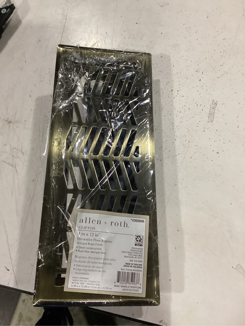 Condition photo showing New/Like New for allen + roth 4-in x 12-in maximum airflow steel antique brass clifton design floor register