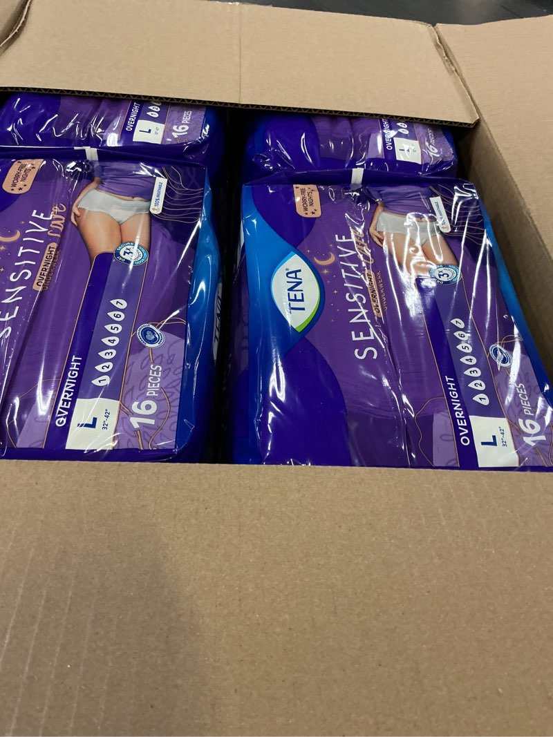Condition photo showing New/Like New for tena sensitive care overnight incontinence underwear for women, adult diapers, large (waist sizes 32in–42in), better fit, 64 count (4 packs of 16) large 64