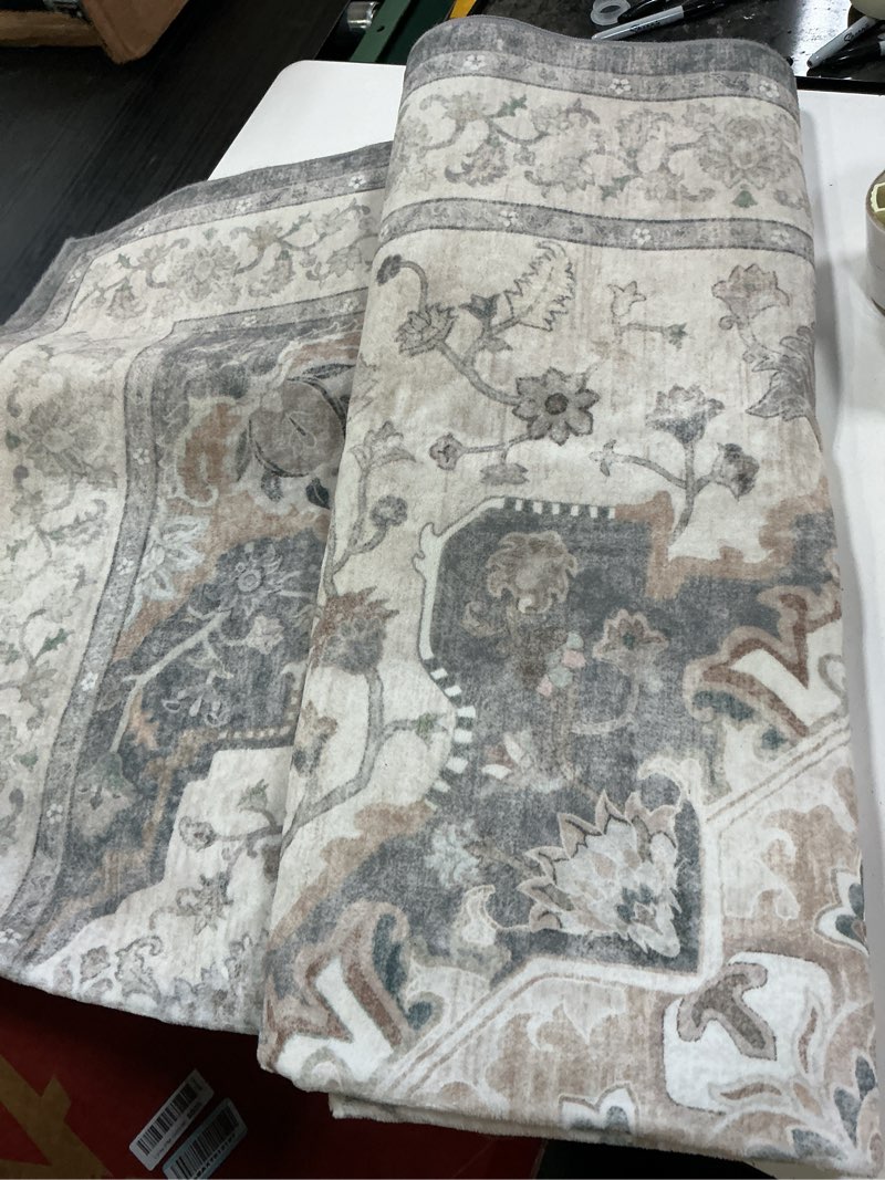 Condition photo showing Good Condition for 8x10 washable vintage area rug for living room bedroom beige grey soft tranditional non slip large throw rug lightweight floral low pile distressed carpet office playroom dining room 8'x10' vintage | beige multi