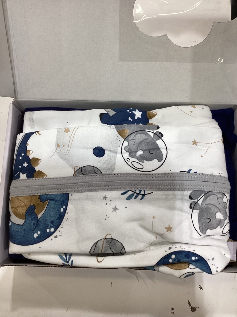 Condition photo showing As Is for looxii baby sleep sack 0.5 tog, 100% cotton 3 pack wearable blanket baby sleep bag for newborn infant, 2-way zipper lightweight toddler sleeping sack 18-24 months blue+space+dinosaurs x-large