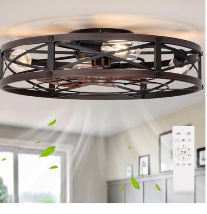 24" farmhouse flush mount caged ceiling fans with lights, rustic low profile ceiling fan with light 