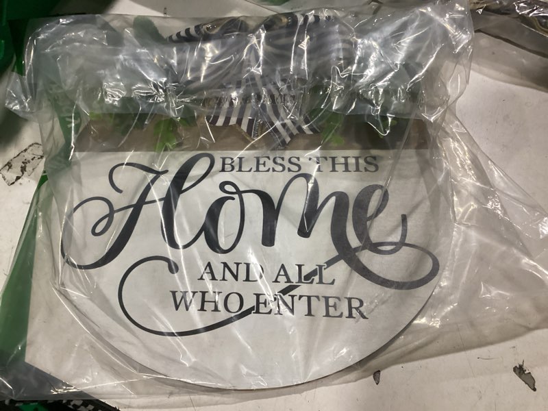 Condition photo showing New/Like New for welcome sign for front door, rustic round wood wreaths wall hanging outdoor decor, porch fence decorations hanging gift for home outdoor for spring summer fall all seasons holiday, bless this home
