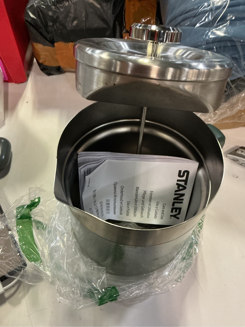 Condition photo showing As Is for stanley classic stay-hot french press coffee maker 48 oz | 5 minute brew, 4 hours hot | mesh filter for coffee grounds | insulated stainless steel french press | bpa-free | hammertone green hammertone green 48 oz