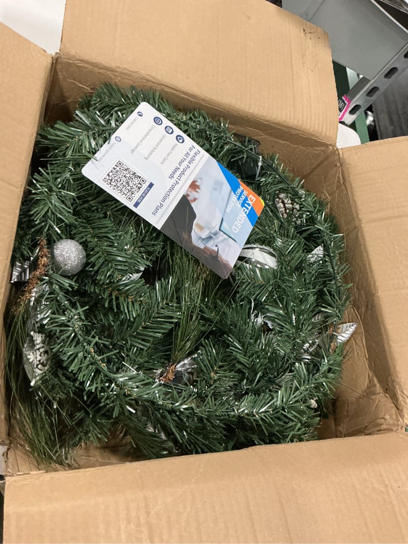 Condition photo showing New/Like New for Christmas Wreath for Front Door, 24 Inch Outdoor Christmas Wreath, Battery Operated Xmas Wreath with Silver White Ball Ornaments Bows and 20 LED Lights for Home Holiday Decor